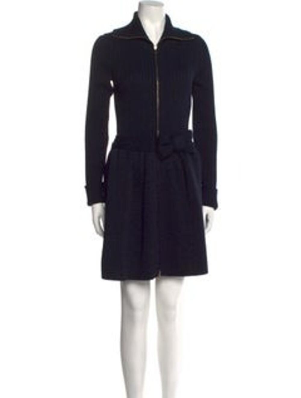Red Valentino Navy Metallic Ribbed Knit Zip Up Collared Bow Sweater Dress Sz XS